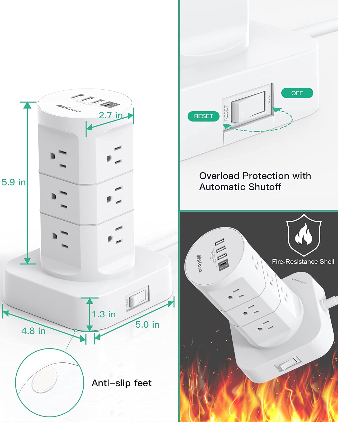 Surge Protector Power Strip Tower - 12 Widely Outlets with 4 USB Ports (1 USB C), 6FT Heavy Duty Extension Cord, Flat Multi Plug Outlet Extender Overload Protection for Home Office