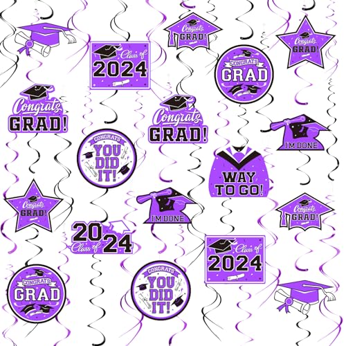 31 Pieces Graduation Decorations Class of 2024, Graduation Hanging Swirl Congrats Grad and Graduation Party Decorations(Purple, Black)