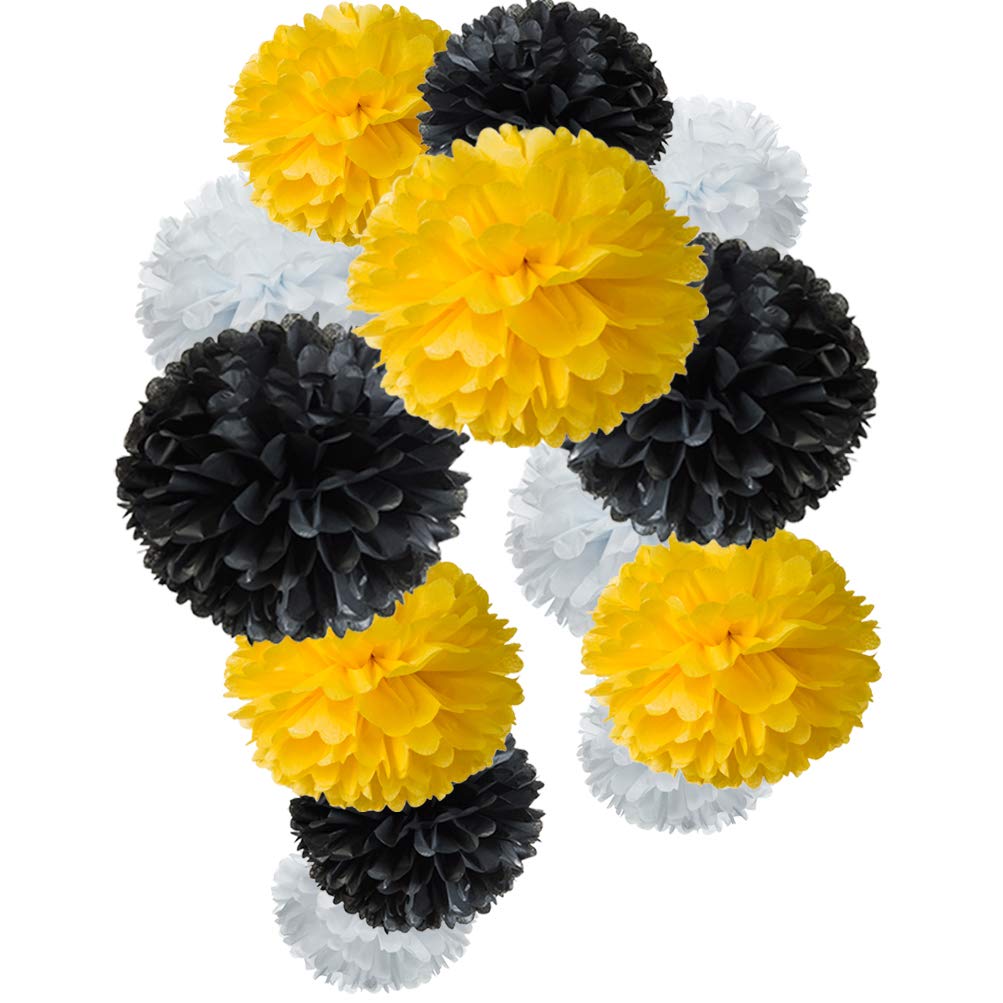 Paper Flower Tissue Pom Poms Bee Party Supplies (Black,Yellow,White,12pc)