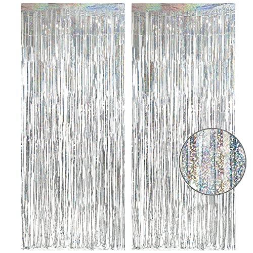 Silver Foil Fringe Tinsel Backdrop - GREATRIL Metallic Tinsel Streamers Curtains for Birthdays/Prom/Dancing Ball/Christmas/New Years/Bachelorette Party Decorations - Pack of 2