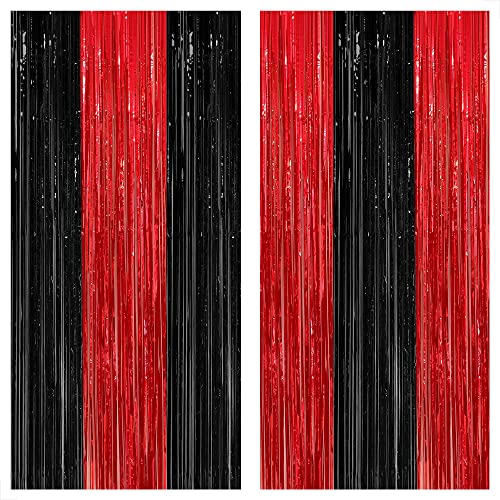 KatchOn, Red and Black Fringe Curtain, Pack of 2 - XtraLarge, 8x3.2 Feet | Red and Black Backdrop Curtain, Red and Black Party Decorations | Christmas Decorations | Black and Red Party Decorations