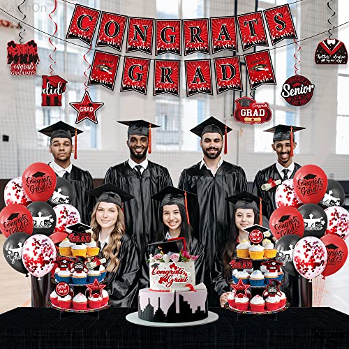 KatchOn, Graduation Party Decorations 2024 Set - Pack of 38 | Congrats Grad Banner | Graduation Party Hanging Swirls 2024 | Graduation Cake Toppers 2024 for Red and Black Graduation Decorations 2024