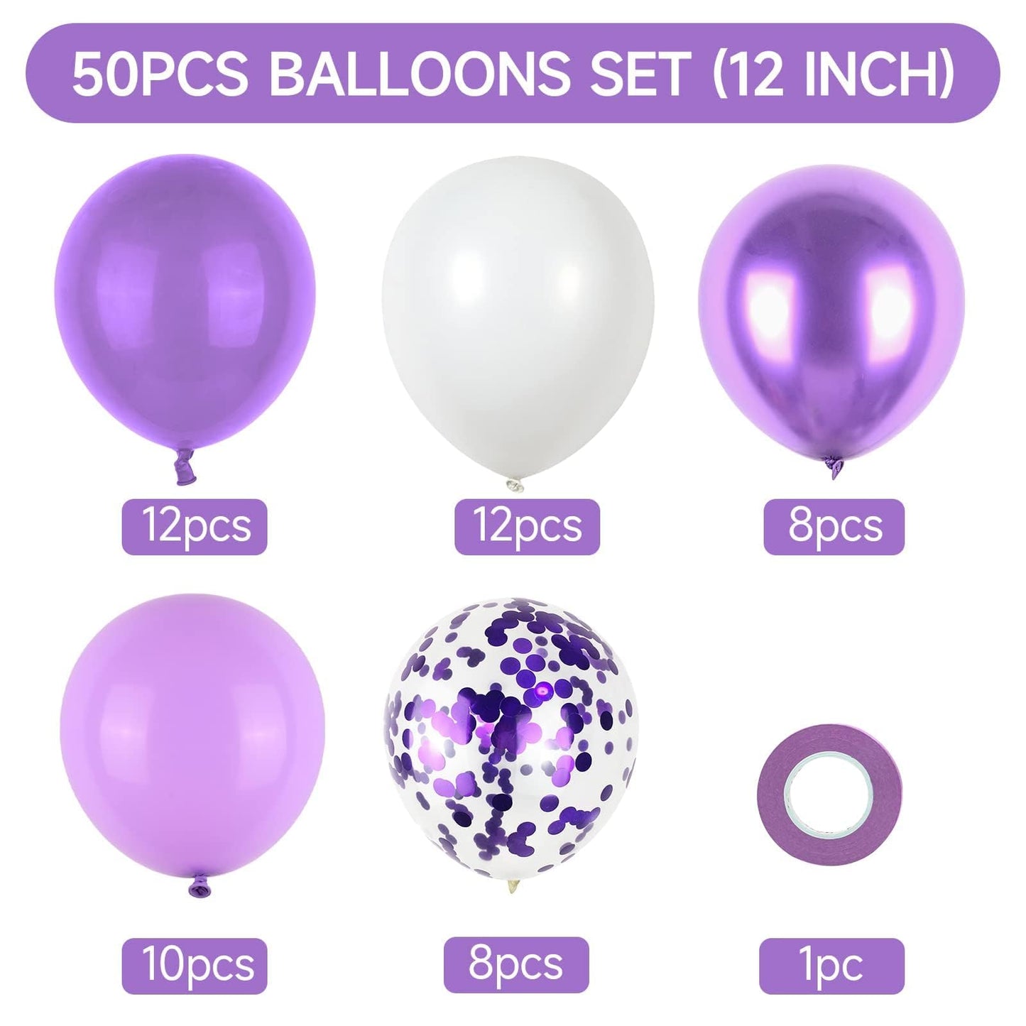 Purple and White Balloons, 50pcs 12 Inch Purple Balloons Metallic Purple Balloons Confetti Purple White Balloons for Purple Decorations, Birthday Shower Princess Theme Party Decorations