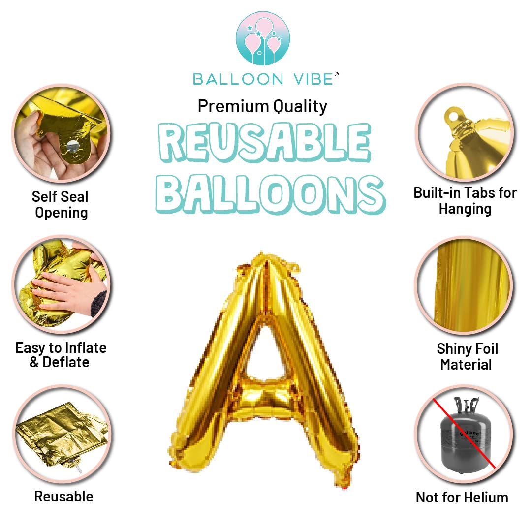 Balloon Vibe Letter Balloons - 16 Inch Balloon Letters Alphabet & Number Foil Balloons - Letter Balloon Banner for Birthday, Baby Shower - Gold, Silver, Rose Gold, Red, Royal Blue, Pearl White & Black