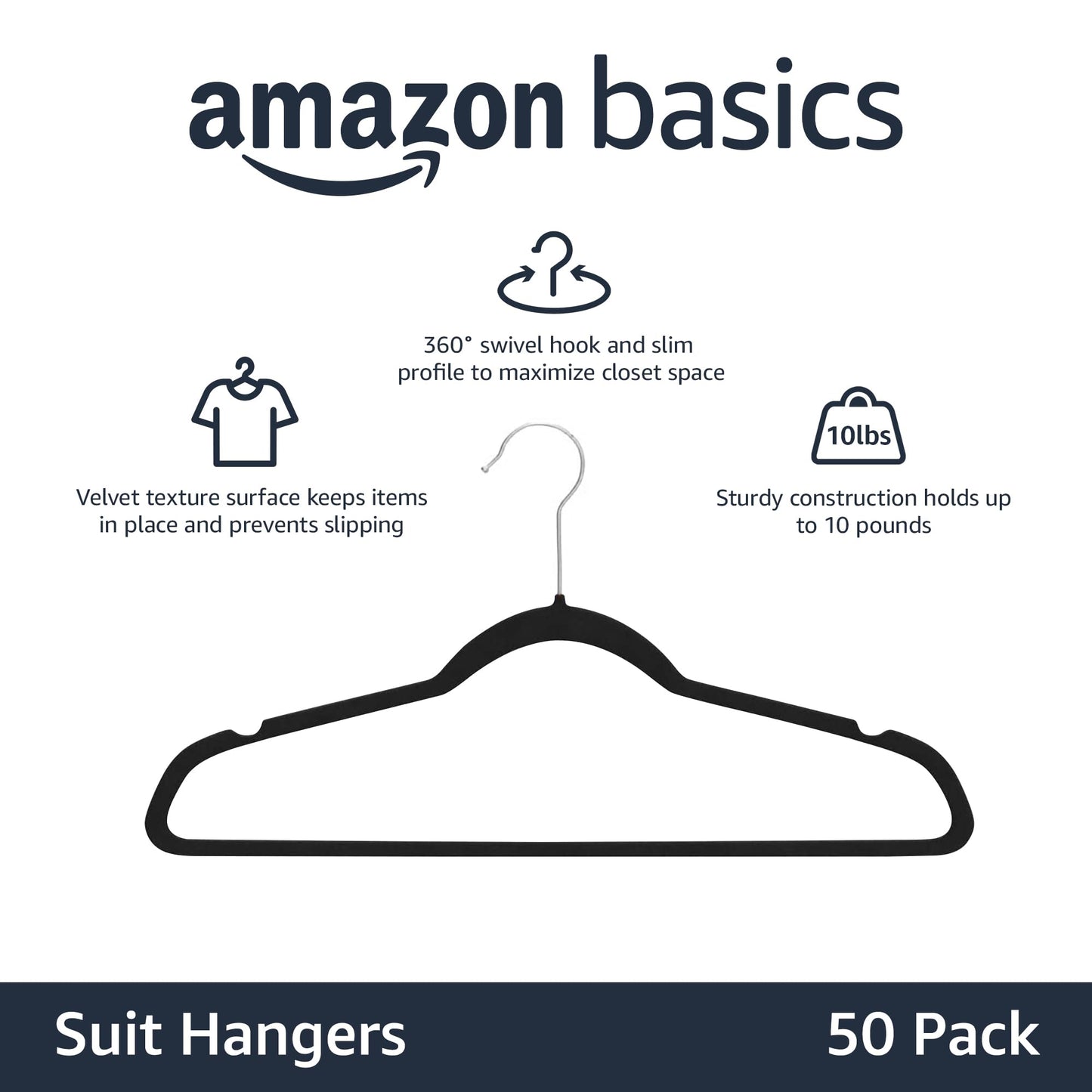 Amazon Basics Slim, Velvet, Non-Slip Suit Clothes Hangers, Black/Silver - Pack of 50