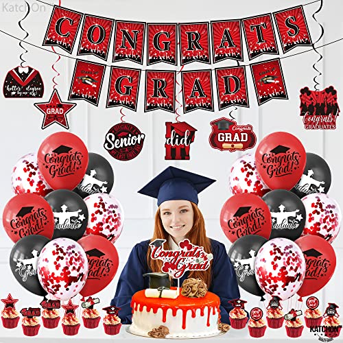 KatchOn, Graduation Party Decorations 2024 Set - Pack of 38 | Congrats Grad Banner | Graduation Party Hanging Swirls 2024 | Graduation Cake Toppers 2024 for Red and Black Graduation Decorations 2024