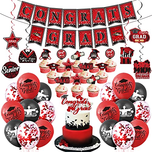 KatchOn, Graduation Party Decorations 2024 Set - Pack of 38 | Congrats Grad Banner | Graduation Party Hanging Swirls 2024 | Graduation Cake Toppers 2024 for Red and Black Graduation Decorations 2024