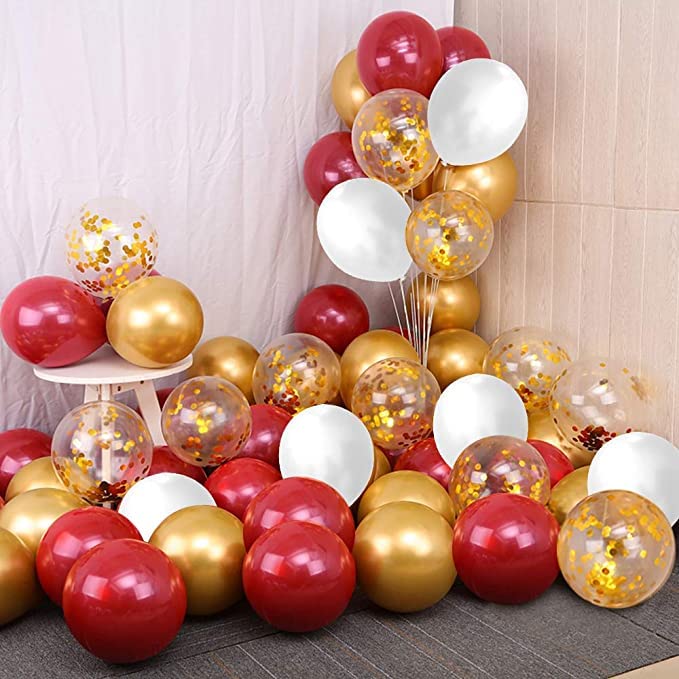 Red and Gold Confetti Balloons, 50 pcs 12 inch double stuffed Burgundy Metallic Gold and White Balloons for Wedding Birthday Bridal Shower Baby Shower Anniversary Valentine's Day Party Decorations