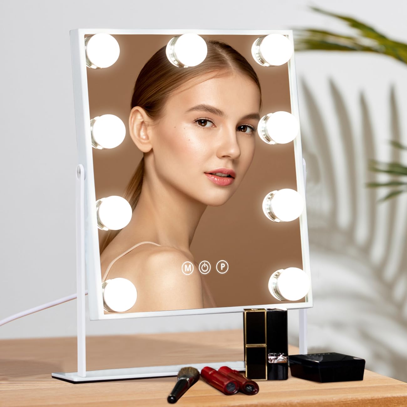 Hansong Vanity Mirror with Lights Lighted Makeup Mirror with 9 LED Bulbs Plug in Light Up Makeup Mirror with Lights 360 Rotation with 10x Magnifying Mirror Tabletop