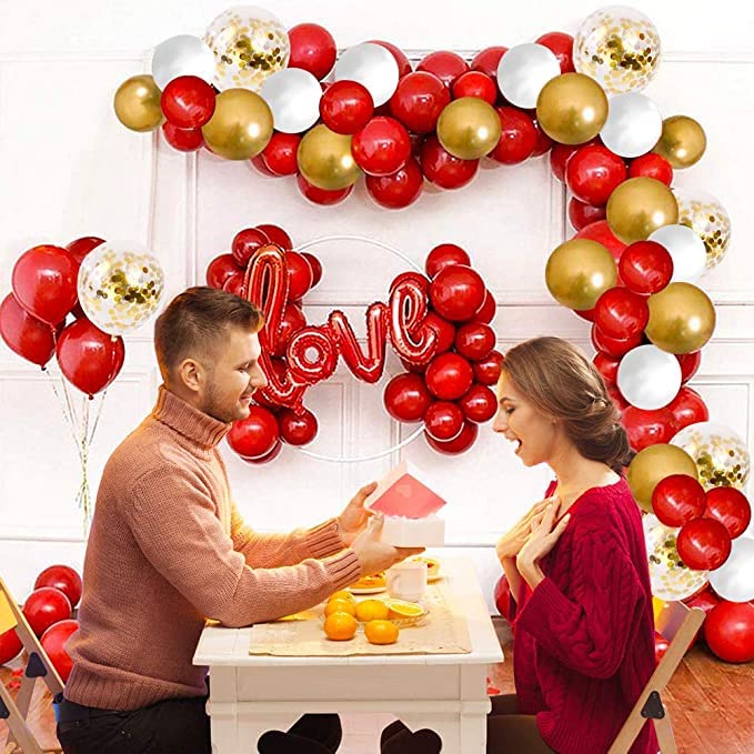 Red and Gold Confetti Balloons, 50 pcs 12 inch double stuffed Burgundy Metallic Gold and White Balloons for Wedding Birthday Bridal Shower Baby Shower Anniversary Valentine's Day Party Decorations