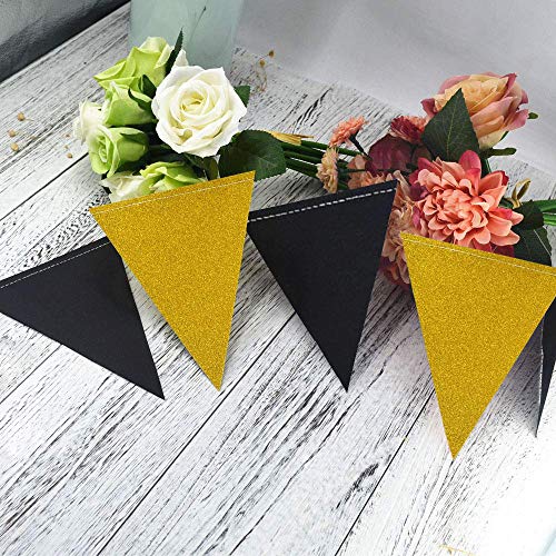 MerryNine Triangle Flag Bunting Banner, 3 Pack 30 Feet Vintage Style Pennant Banner for Wedding, Baby Shower, Event & Party Supplies 45pcs Flags (Triangle Flag - Black Gold Glitter)