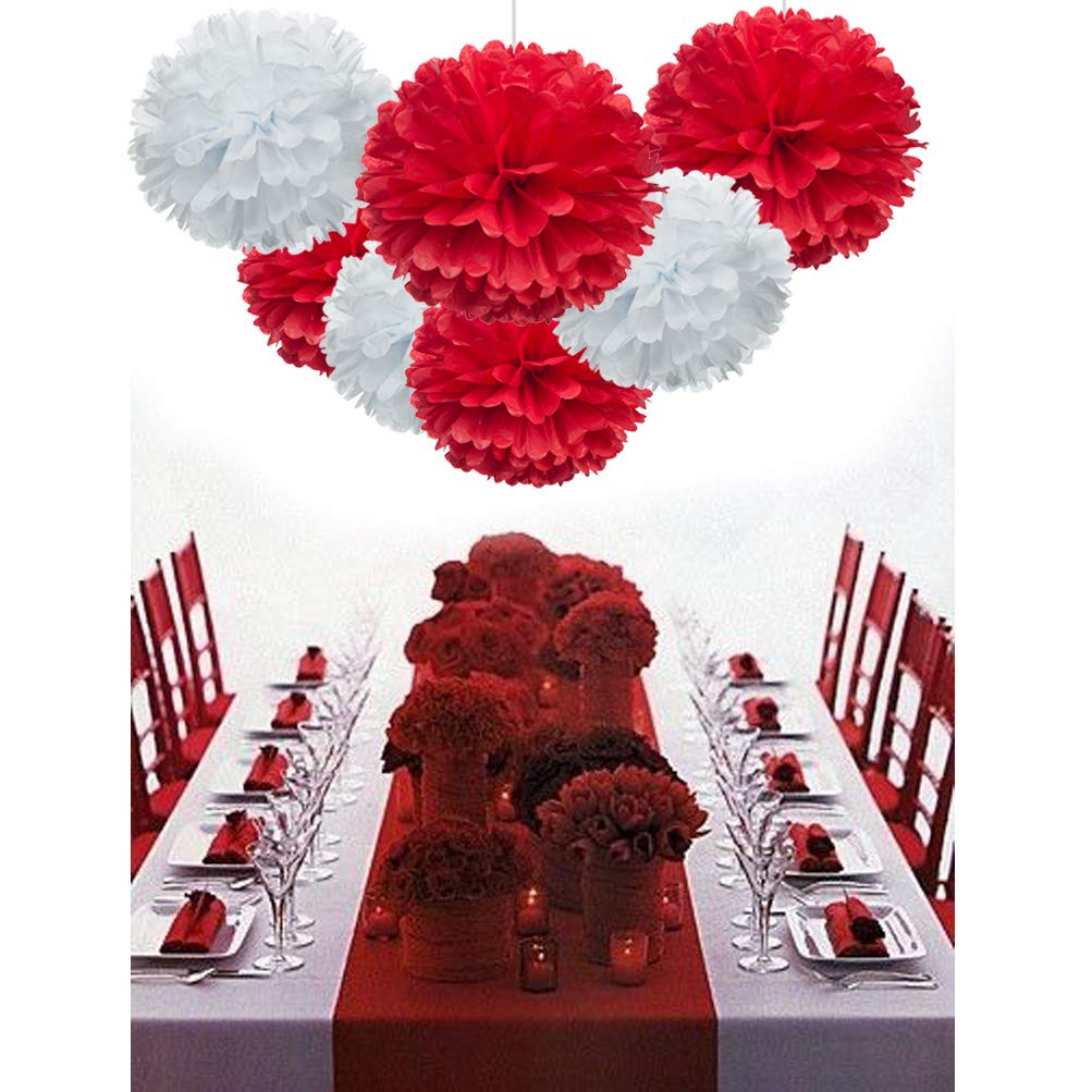 Red Paper Flower Tissue Pom Poms Party Supplies (red,white,12pc)