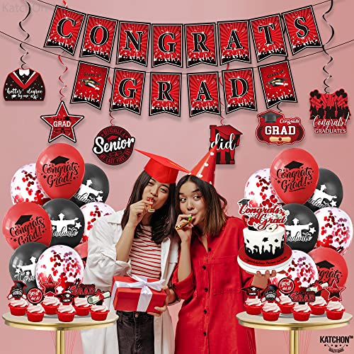 KatchOn, Graduation Party Decorations 2024 Set - Pack of 38 | Congrats Grad Banner | Graduation Party Hanging Swirls 2024 | Graduation Cake Toppers 2024 for Red and Black Graduation Decorations 2024