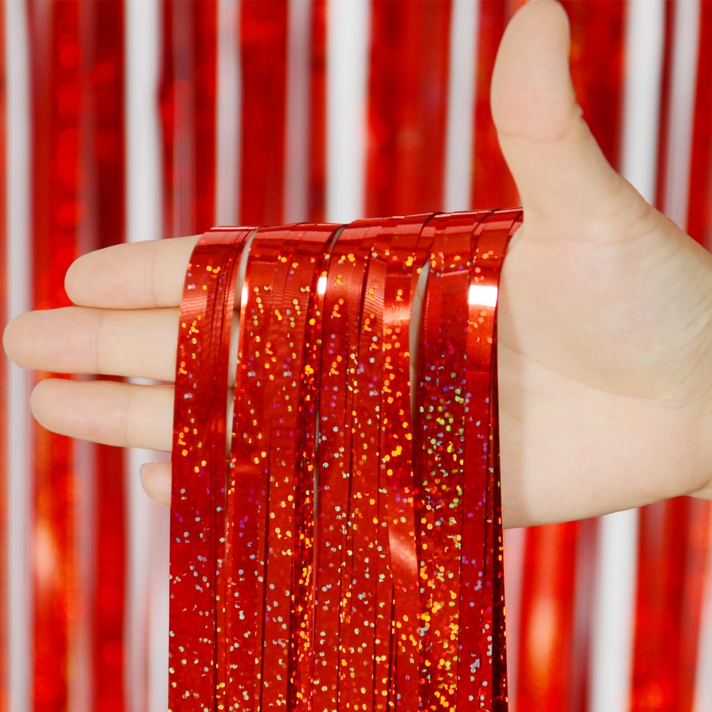 Melsan 2 Pack 3.2 ft x 8.2 ft Tinsel Foil Fringe Curtains Backdrop, Sparkle Fringe Curtains for Party Photo Background Decoration, Red