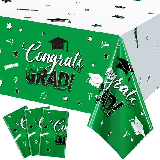 3 Pack Graduation Party Tablecloth Congrats Class of 2022 Graduation Table Covers Grad Cap Table Cloth Rectangle Plastic Tablecloth for Grad Party Decorations and Supplies, 54 x 108 Inch (Green)