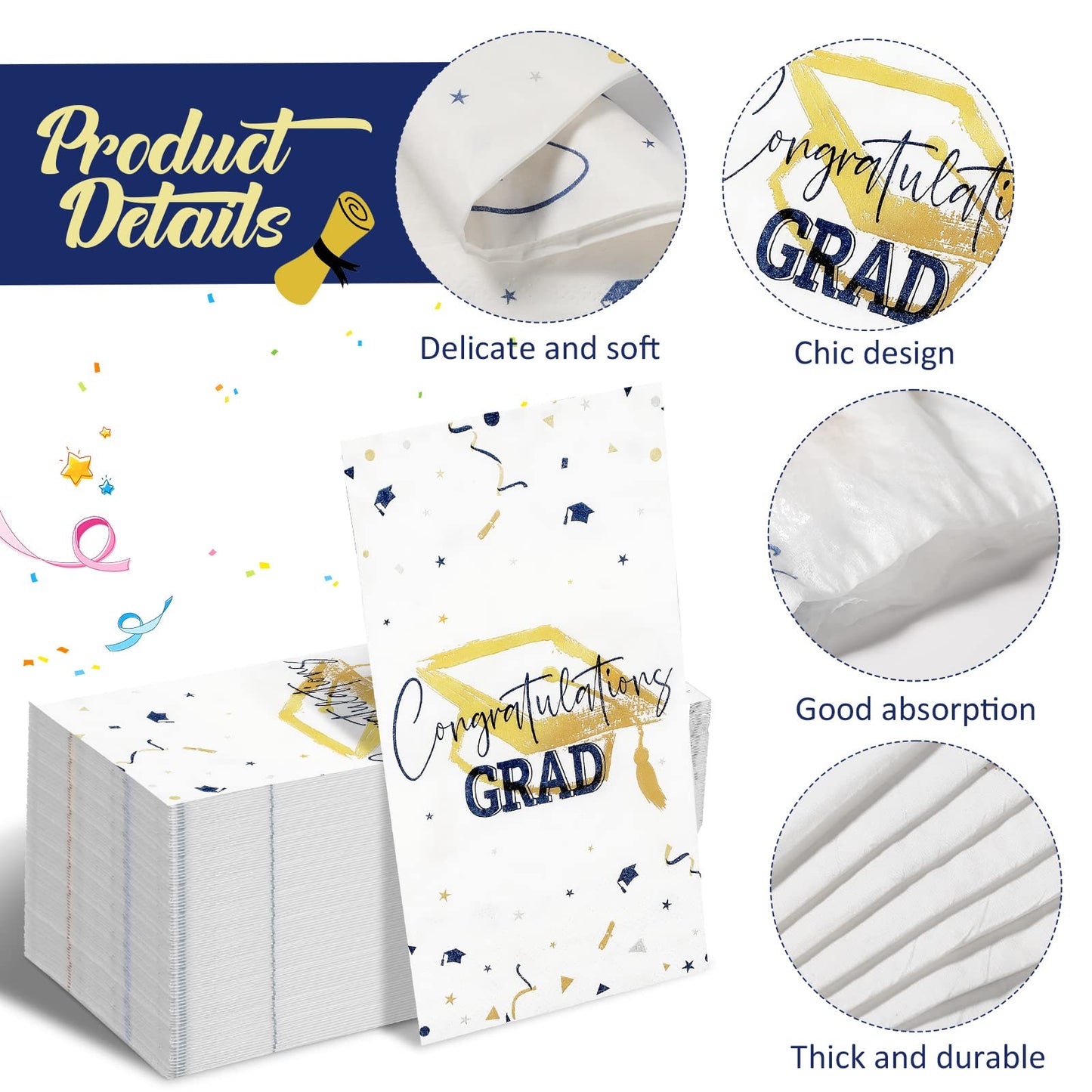 100 Sheets Graduation Party Napkins Disposable Congratulation Grad Beverage Cocktail Napkins Paper Towels for 2023 Graduation Celebration Party Supplies Table Decorations (Blue and Gold)