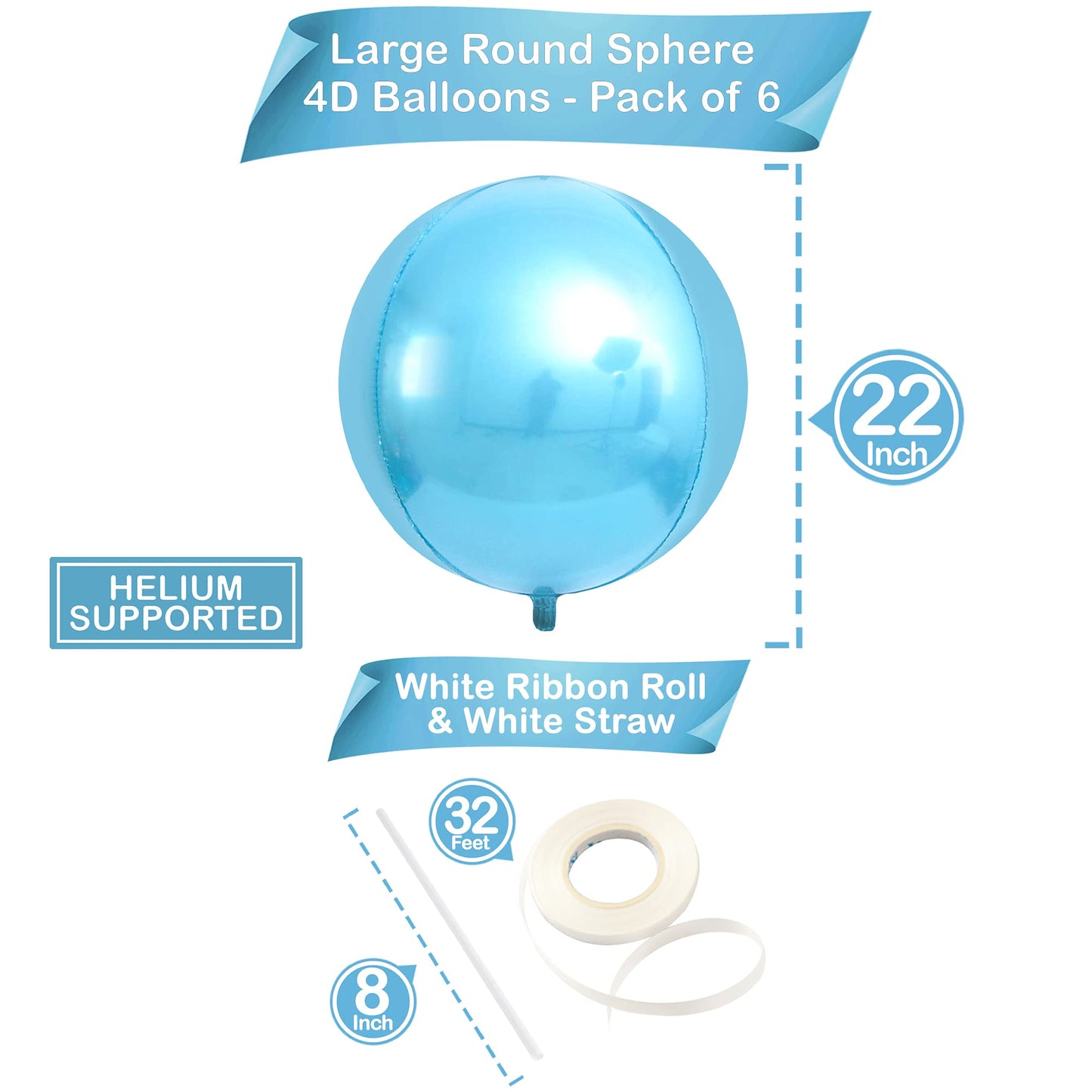 KatchOn, Light Blue Foil Balloons - 22 Inch, Pack of 6 | Sphere Light Blue Metallic Balloons, Baby Shower | Baby Blue Balloons for Gender Reveal, Birthday | Light Blue Mylar Balloons, Shark Balloons