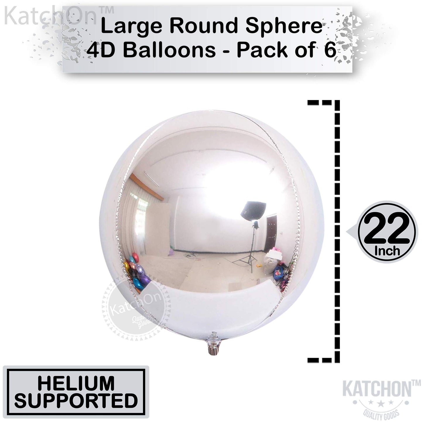 KatchOn, Silver Foil Balloons - 22 Inch, Pack of 6 | Metallic Silver Balloons, 4D Round Silver Chrome Balloons for Silver Birthday Party Decorations | Silver Metallic Balloons, Silver Mylar Balloons