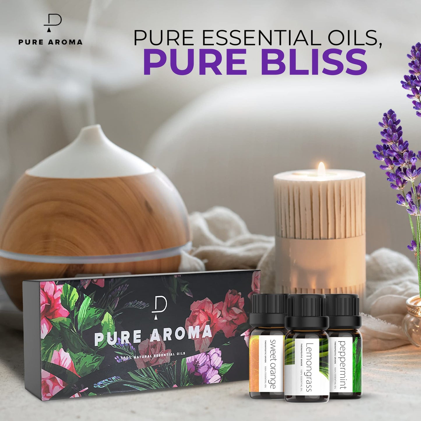 Essential Oils by PURE AROMA 100% Pure Oils kit- Top 6 Aromatherapy Oils Gift Set-6 Pack, 10ML(Eucalyptus, Lavender, Lemon Grass, Orange, Peppermint, Tea Tree)