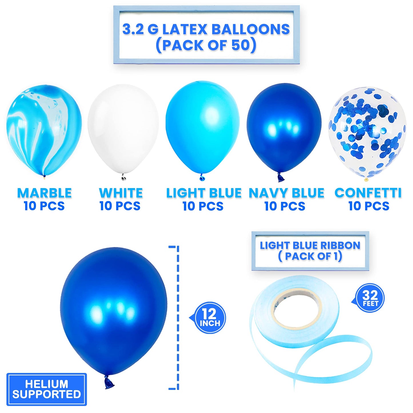 KatchOn, Shades of Blue Balloons Set - Pack of 50 | Blue Marble Balloons for Blue Party Decorations | Blue Confetti Balloons, Under The Sea Balloons | Blue Tie Dye Balloons as Blue Birthday Balloons