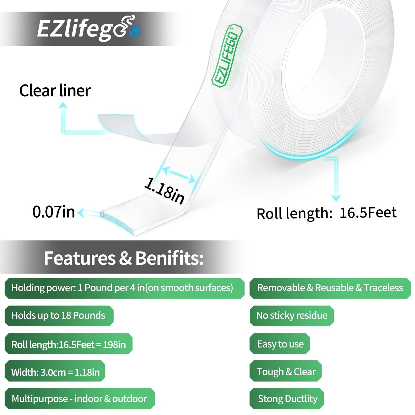 EZlifego Double Sided Tape Heavy Duty, Nano Double Sided Adhesive Tape,Clear Mounting Tape Picture Hanging Adhesive Strips,Removable Wall Tape Sticky Poster Tape Decor Carpet Tape