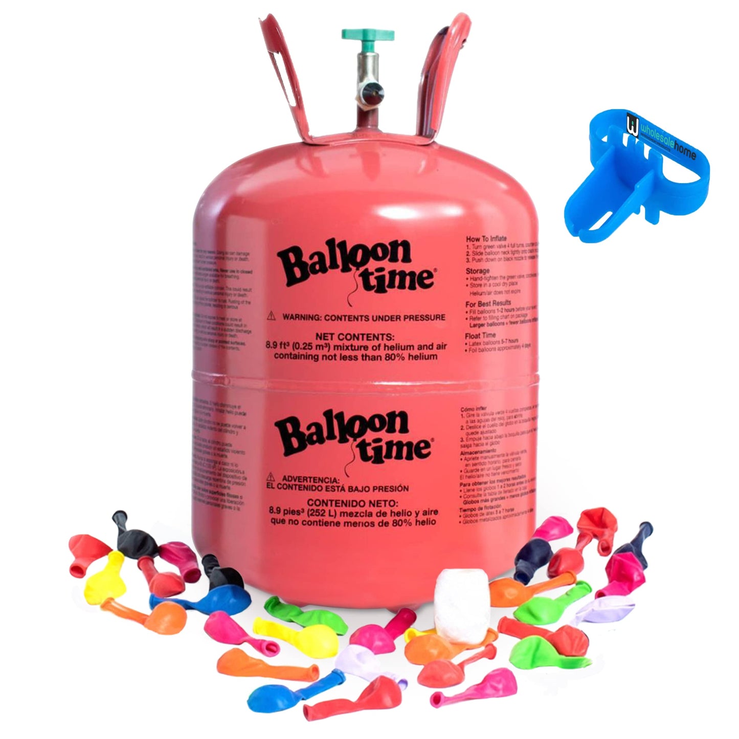 Helium Tank for Balloons At Home, 14.9 Cu Ft Helium Balloon Pump Kit with 50 Assorted Latex Balloons, White Curling Ribbon and Wholesalehome Balloon Tie Tool