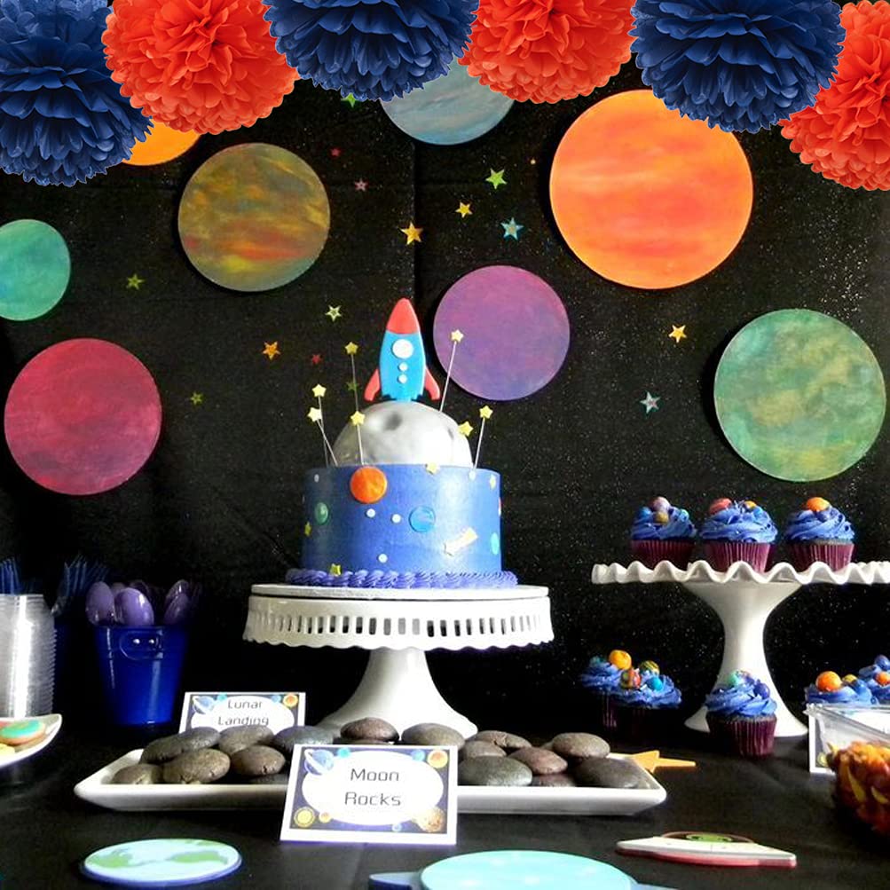 Paper Flower Tissue Pom Poms Graduation Outer Space Galaxy Party Favor Supplies (navy blue,orange,12pc)