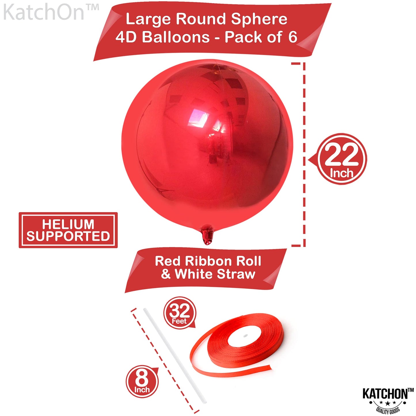 KatchOn, Big Red Metallic Balloons - 22 Inch, Pack of 6 | 360 Degree 4D Sphere Red Chrome Balloons for Valentine Party Decorations | Valentine Day Balloons for Valentine Birthday Party Decorations