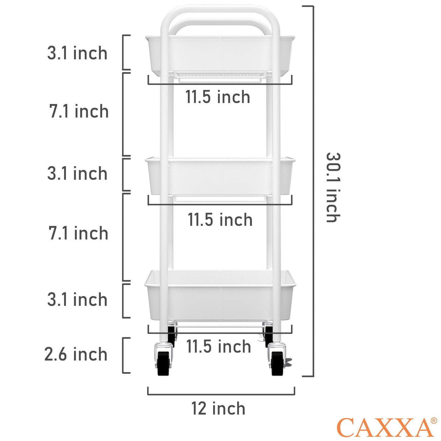 CAXXA 3-Tier Rolling Metal Storage Organizer - Mobile Utility Cart Kitchen Cart with Caster Wheels, White