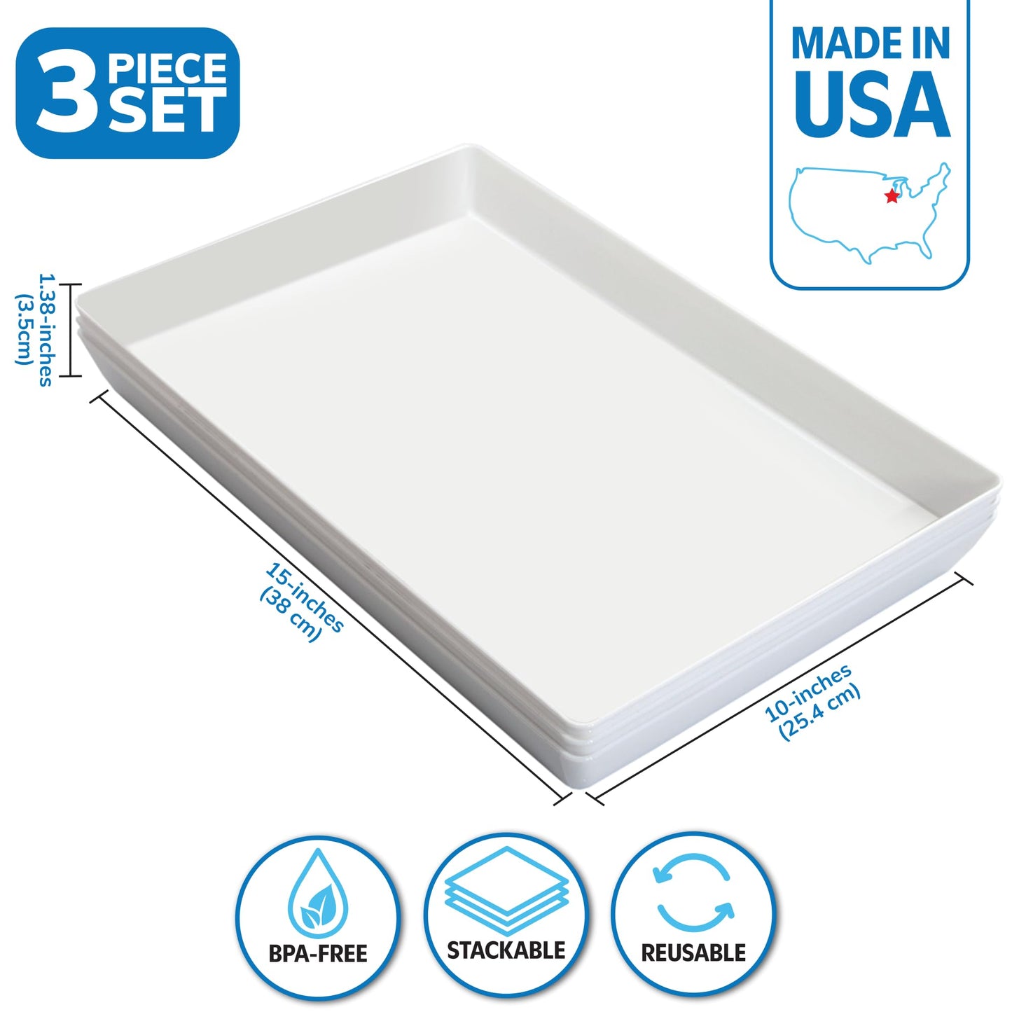 US Acrylic Avant White Plastic Serving Trays (Set of 3) 15” x 10” | Large Reusable Rectangular Party Platters | Serve Appetizers, Fruit, Veggies, & Desserts | BPA-Free & Made in USA