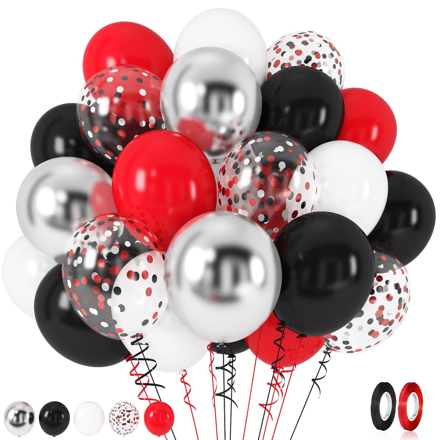 Red Black and White balloons, 60 Pieces Matte Black Red White Chrome Silver Metallic Helium Party Balloons with Confetti Latex Balloon for Boys Birthday Baby Shower Graduation Casino Party Decorations