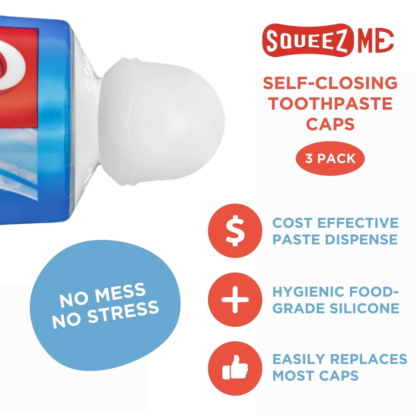 Toothpaste Caps SqueezMe by Chrome Cherry, Self-Closing Silicone Caps, Mess-Free Toothpaste Dispenser Squeezer Lids for Kids, Adults, Bathroom Accessories for Tooth and Gum Health (Clear 3-Pack)