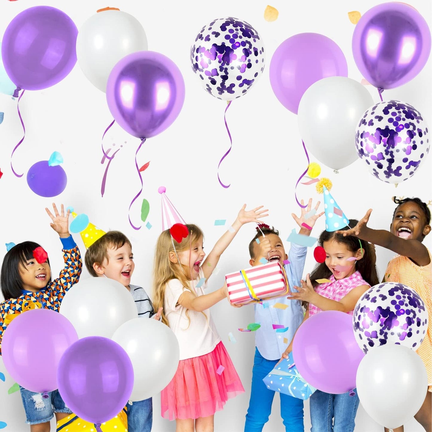 Purple and White Balloons, 50pcs 12 Inch Purple Balloons Metallic Purple Balloons Confetti Purple White Balloons for Purple Decorations, Birthday Shower Princess Theme Party Decorations