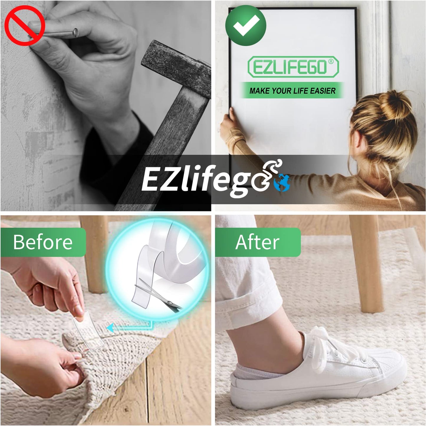 EZlifego Double Sided Tape Heavy Duty, Nano Double Sided Adhesive Tape,Clear Mounting Tape Picture Hanging Adhesive Strips,Removable Wall Tape Sticky Poster Tape Decor Carpet Tape