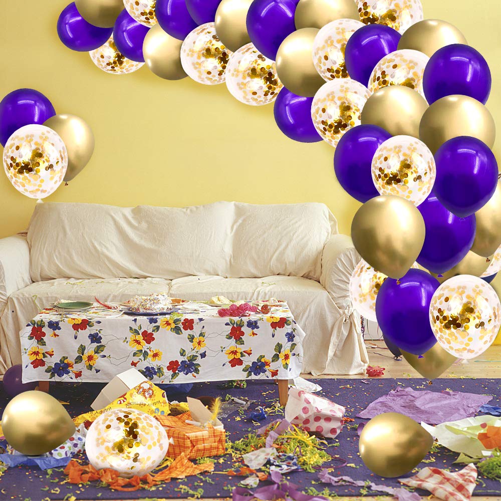 Purple Gold Confetti Latex Balloons,50pcs 12 inch Dark Purple and Gold Metallic Chrome Party Balloons for Birthday, Baby Shower, Wedding, Anniversary and Festival Ceremony Decoration