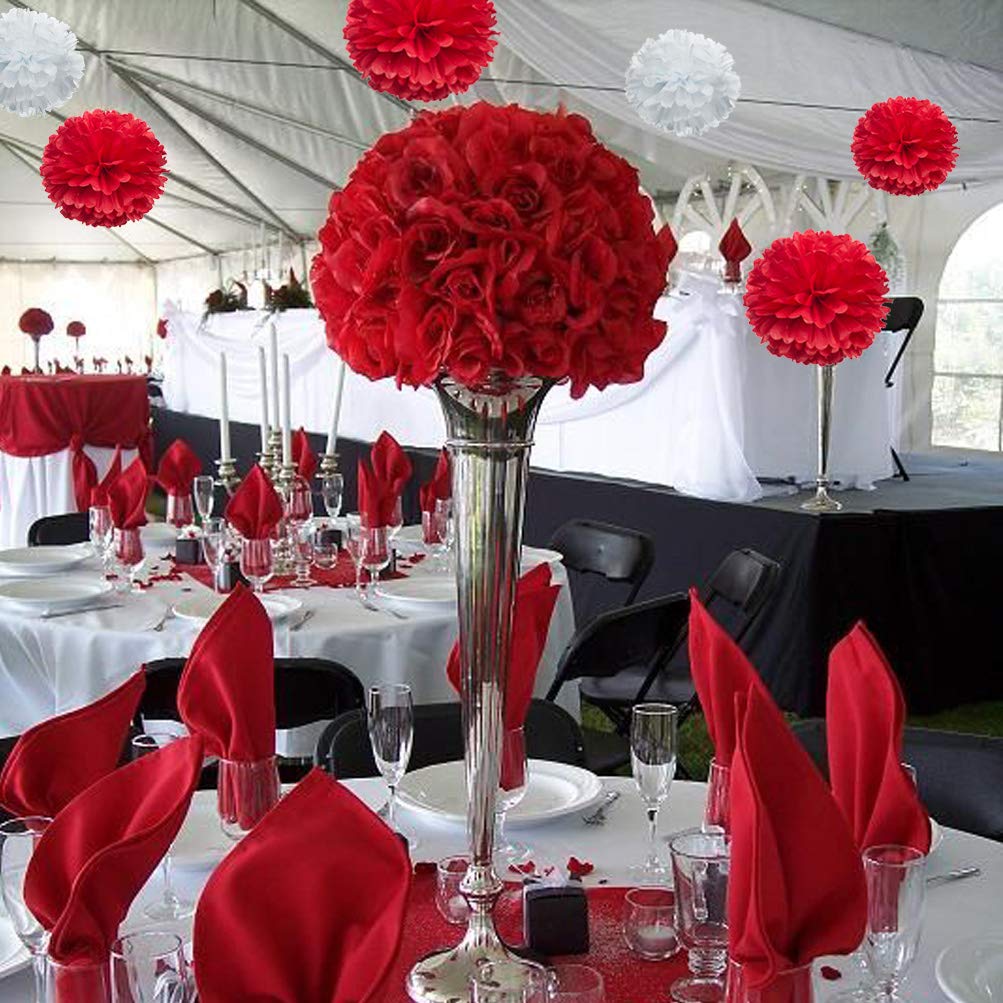 Red Paper Flower Tissue Pom Poms Party Supplies (red,white,12pc)