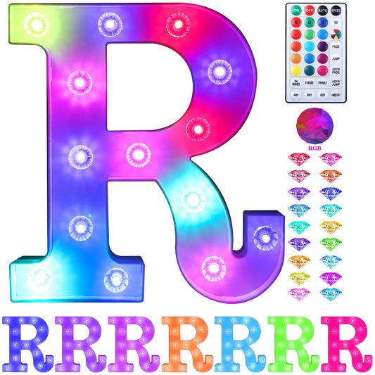 Colorful Light up Letters Led Marquee Letter Lights with Remote 18 Colors Letters with Lights for Wedding Birthday Party Lamp Christmas Home Bar Decoration - Diamond Design Battery Powered - R