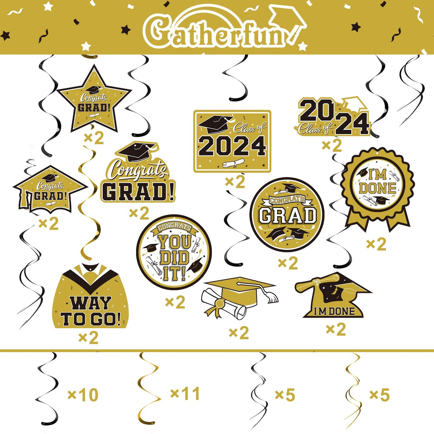 31 PiecesGraduation Decorations Class of 2024, Graduation Hanging Swirl Congrats Grad and Graduation Party Decorations(Glod, Black)