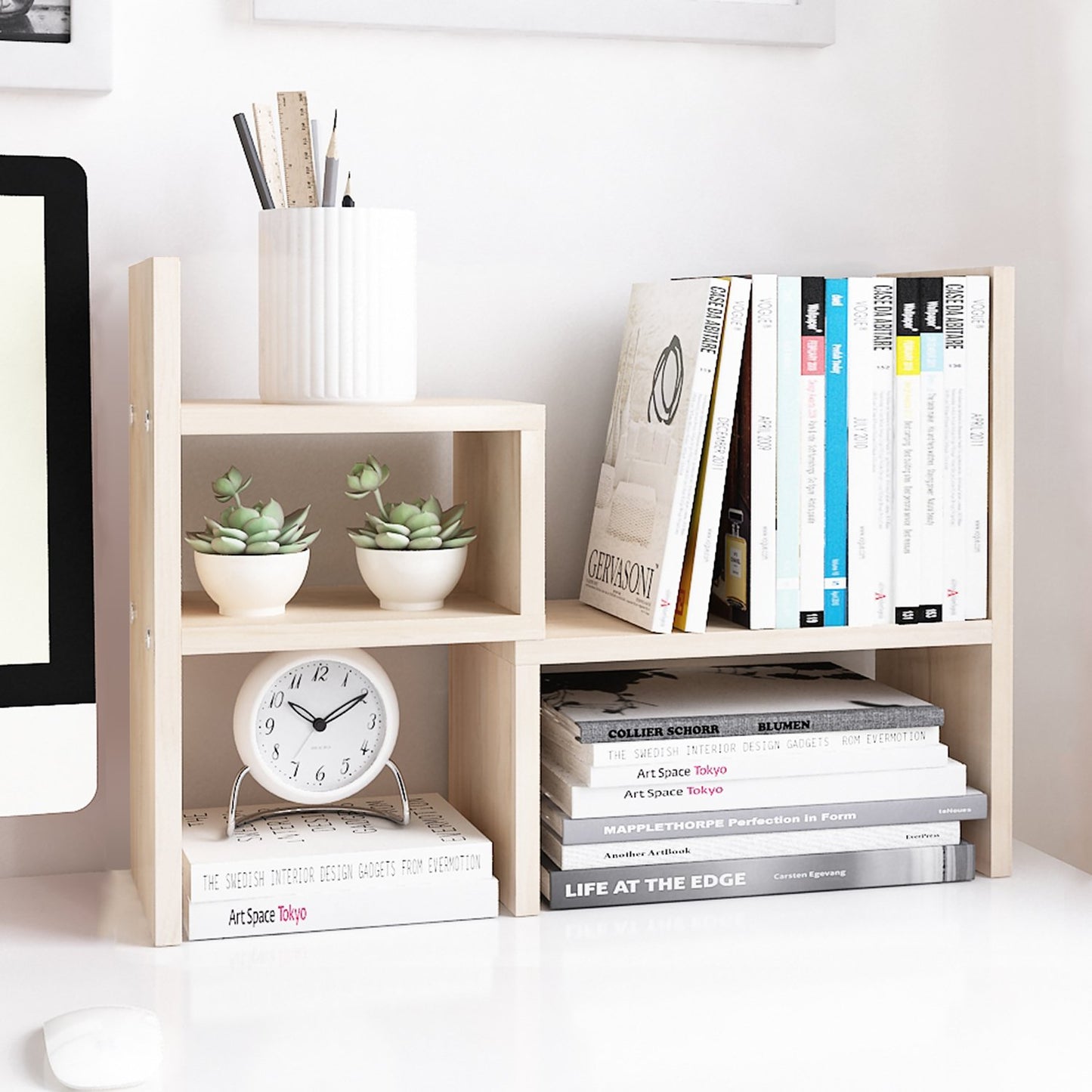 Jerry & Maggie Desktop Organizer Office Storage Rack Adjustable Wood Display Shelf, White, 5 Units, 16"L x 15.8"H x 6.8"W