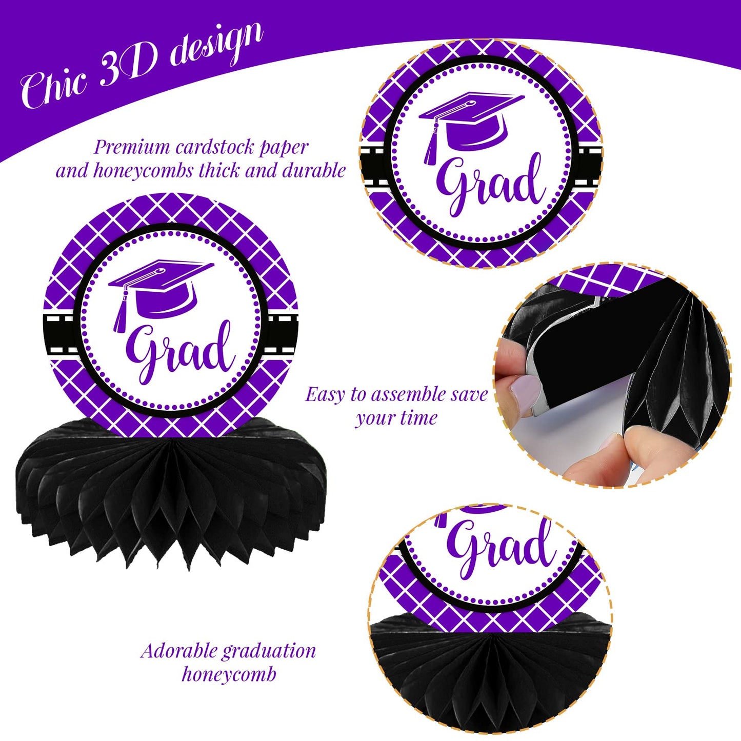 10PCS Class of 2023 Graduation Party Decorations 2023 Congrats Grad Honeycomb Centerpieces Congratulate Graduation Table Toppers for Graduation Party Favor Supplies(Black Purple)