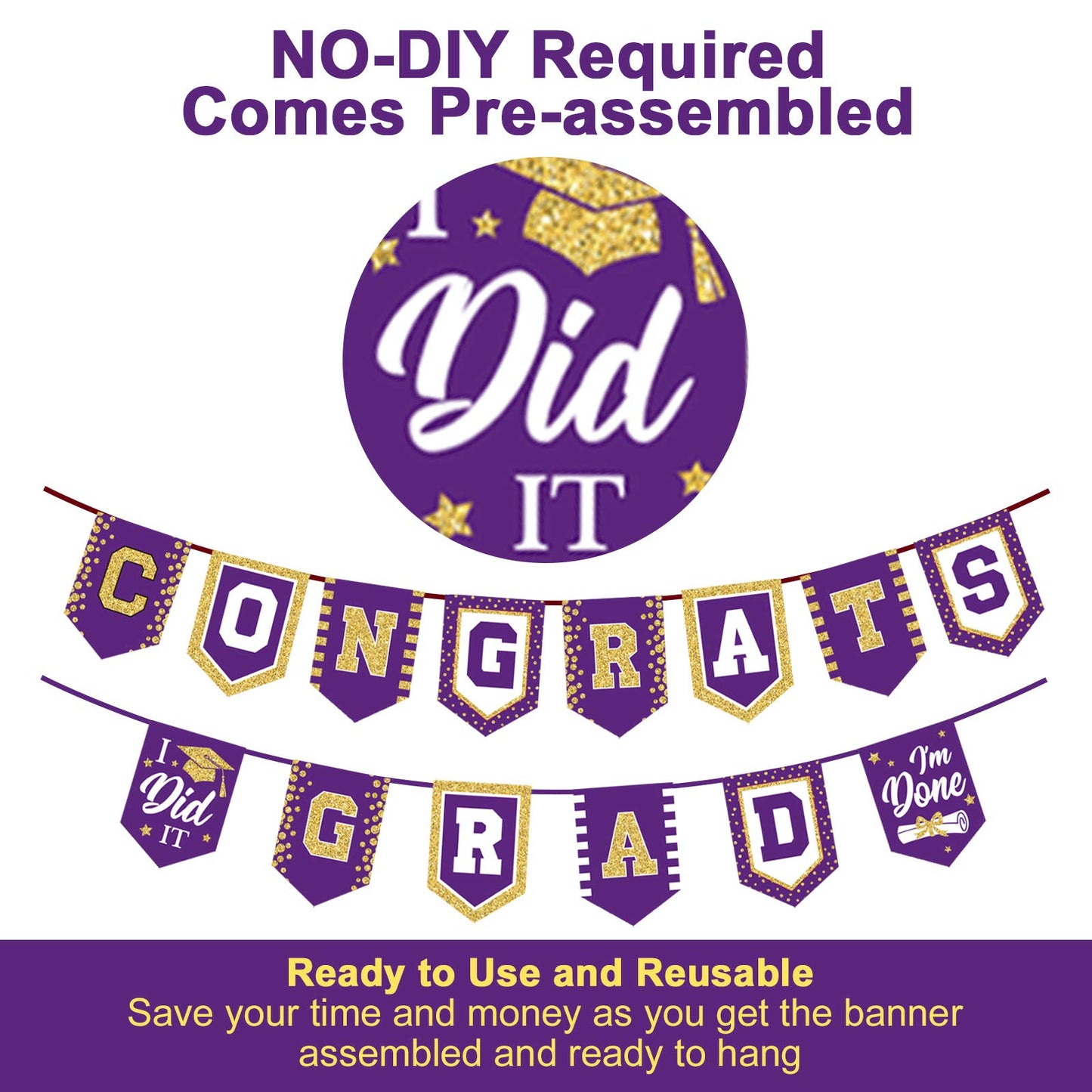 2023 Purple Graduation Banner - No DIY Required Purple Graduation Party Supplies Decorations Grad Banner for College, High School Party (Purple Congrats Grad)