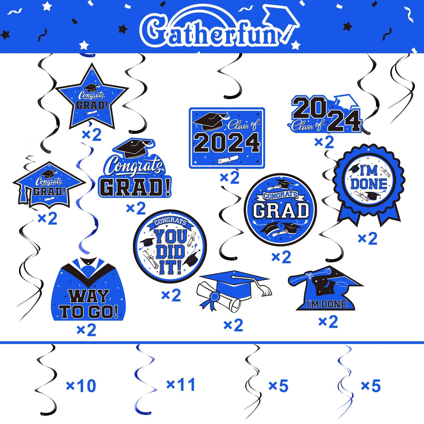 31 Pieces Graduation Decorations Class of 2024, Graduation Hanging Swirl Congrats Grad and Graduation Party Decorations(Blue, Black)