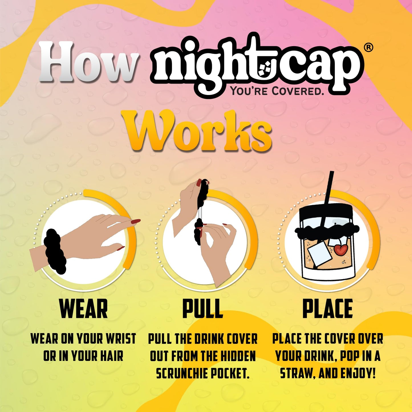 Nightcap The Original Drink Cover Scrunchie – As Seen On Shark Tank And TikTok - Reusable - Wear On Wrist Or In Hair, Prevent Drink Spiking - Sanitary Pocket Keeps Cover Clean – Black