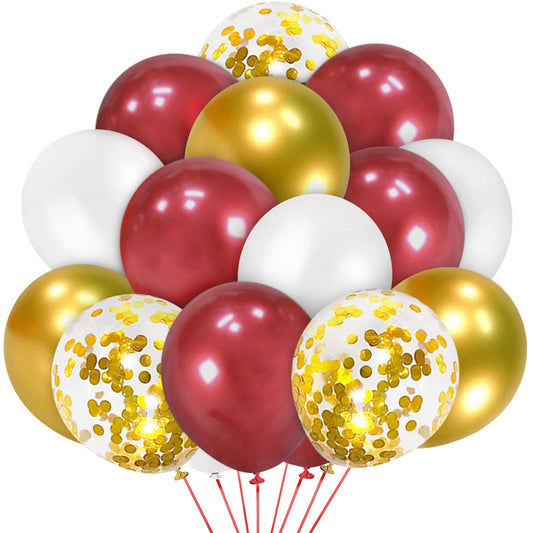 Red and Gold Confetti Balloons, 50 pcs 12 inch double stuffed Burgundy Metallic Gold and White Balloons for Wedding Birthday Bridal Shower Baby Shower Anniversary Valentine's Day Party Decorations