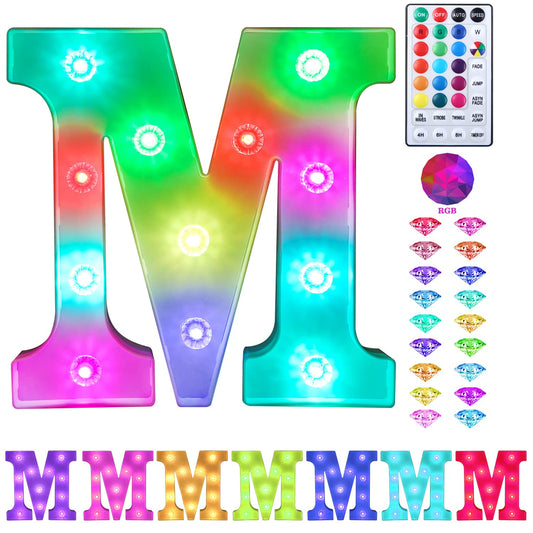 Colorful Light up Letters Led Marquee Letter Lights with Remote 18 Colors Letters with Lights for Wedding Birthday Party Lamp Christmas Home Bar Decoration - Diamond Design Battery Powered - M