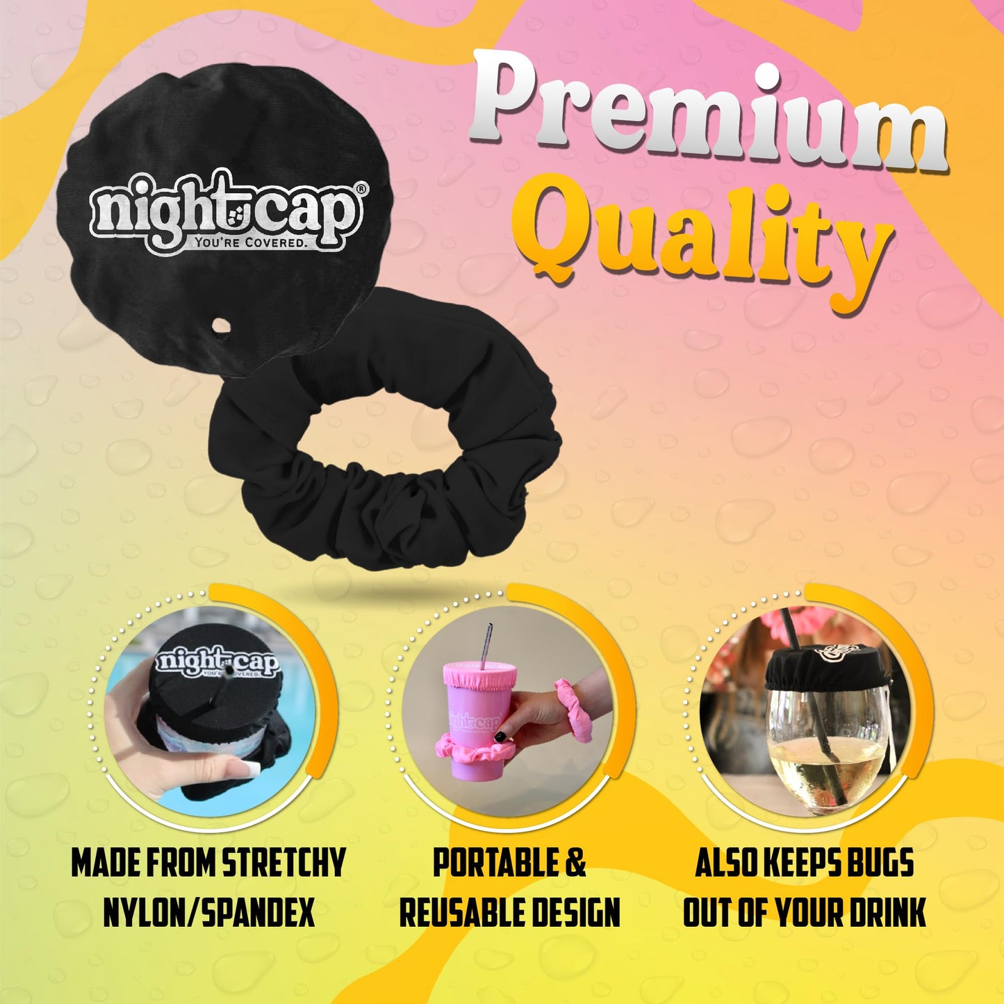 Nightcap The Original Drink Cover Scrunchie – As Seen On Shark Tank And TikTok - Reusable - Wear On Wrist Or In Hair, Prevent Drink Spiking - Sanitary Pocket Keeps Cover Clean – Black