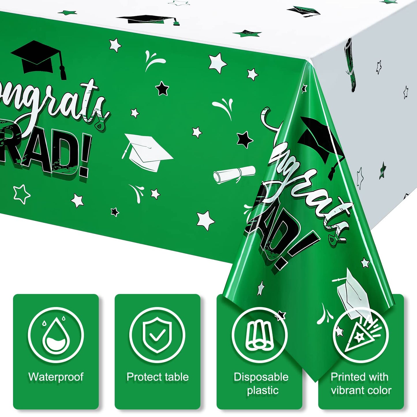 3 Pack Graduation Party Tablecloth Congrats Class of 2022 Graduation Table Covers Grad Cap Table Cloth Rectangle Plastic Tablecloth for Grad Party Decorations and Supplies, 54 x 108 Inch (Green)