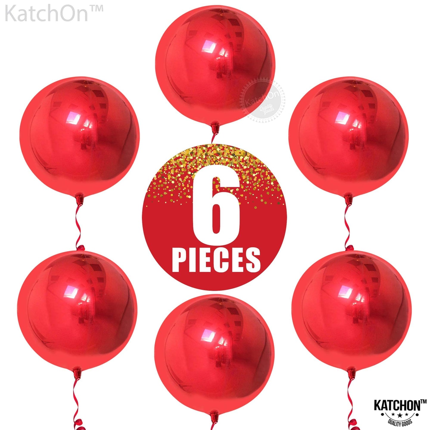 KatchOn, Big Red Metallic Balloons - 22 Inch, Pack of 6 | 360 Degree 4D Sphere Red Chrome Balloons for Valentine Party Decorations | Valentine Day Balloons for Valentine Birthday Party Decorations