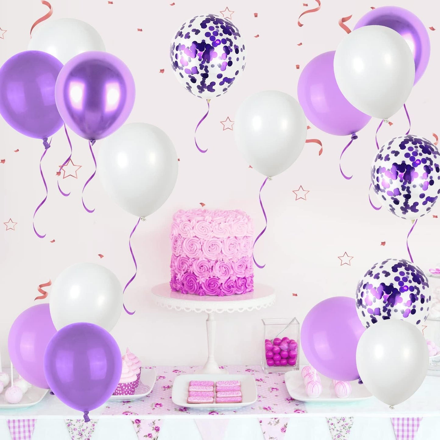 Purple and White Balloons, 50pcs 12 Inch Purple Balloons Metallic Purple Balloons Confetti Purple White Balloons for Purple Decorations, Birthday Shower Princess Theme Party Decorations