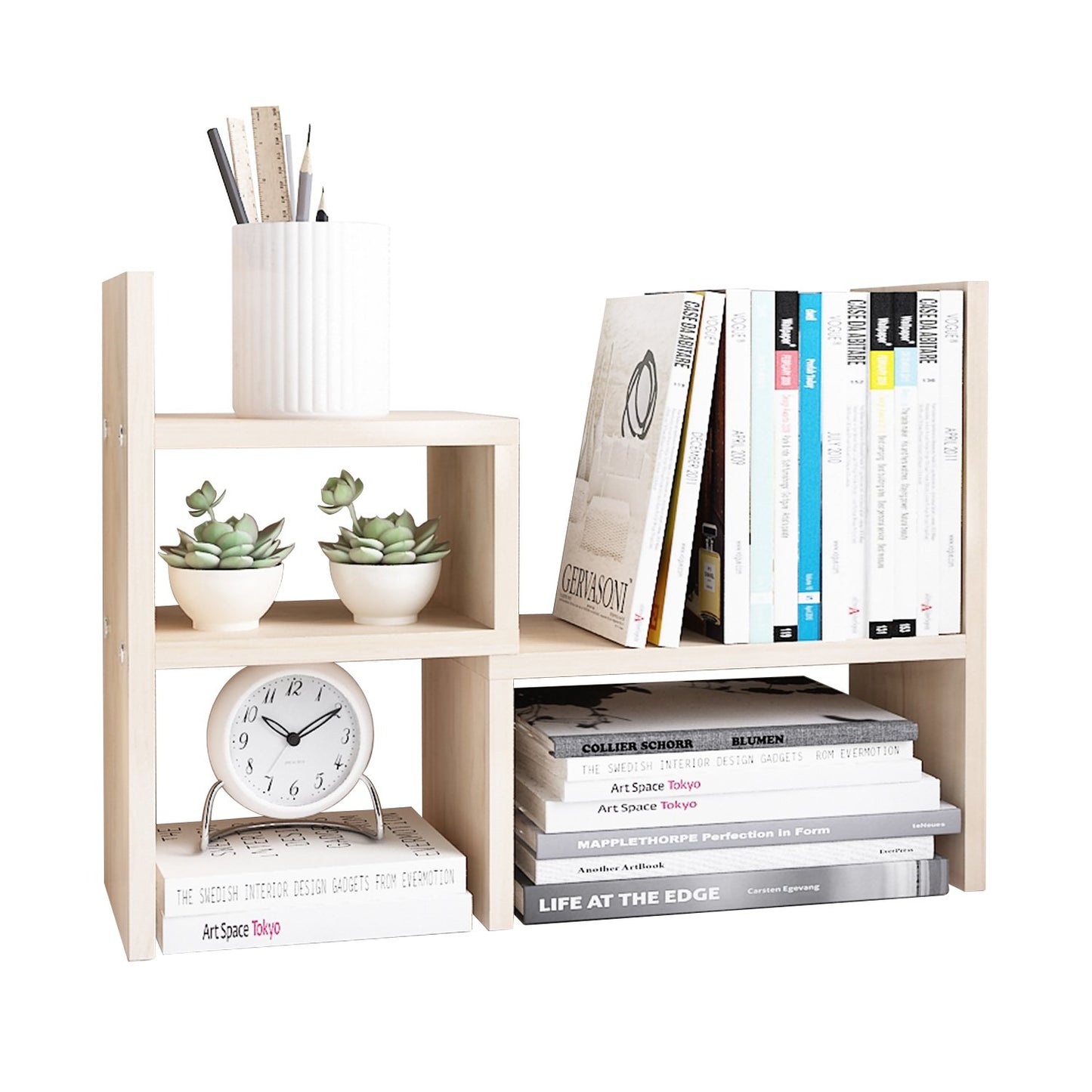 Jerry & Maggie Desktop Organizer Office Storage Rack Adjustable Wood Display Shelf, White, 5 Units, 16"L x 15.8"H x 6.8"W